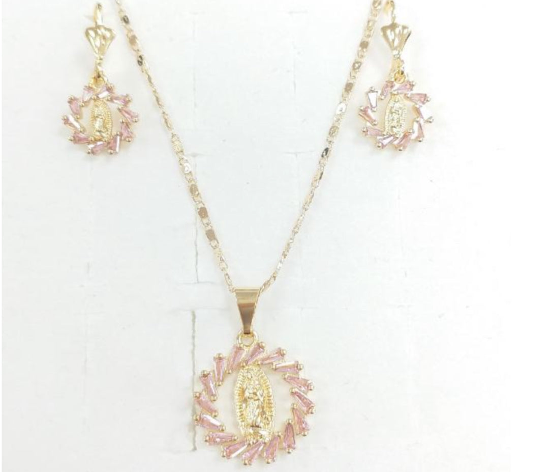 Pink Virgencita Earrings & necklace set