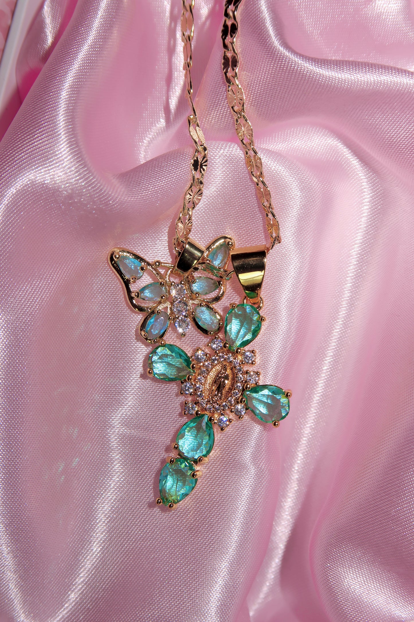 Aqua Blue virgencita cross with Blue Butterfly