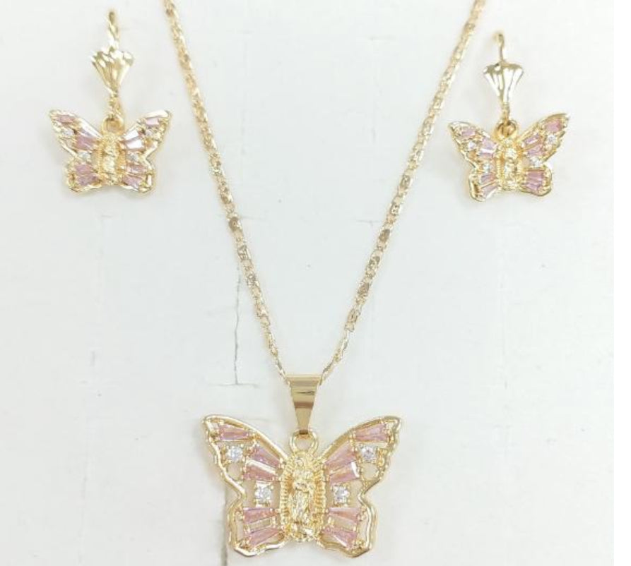 Pink/Purple virgencita earrings & necklace set