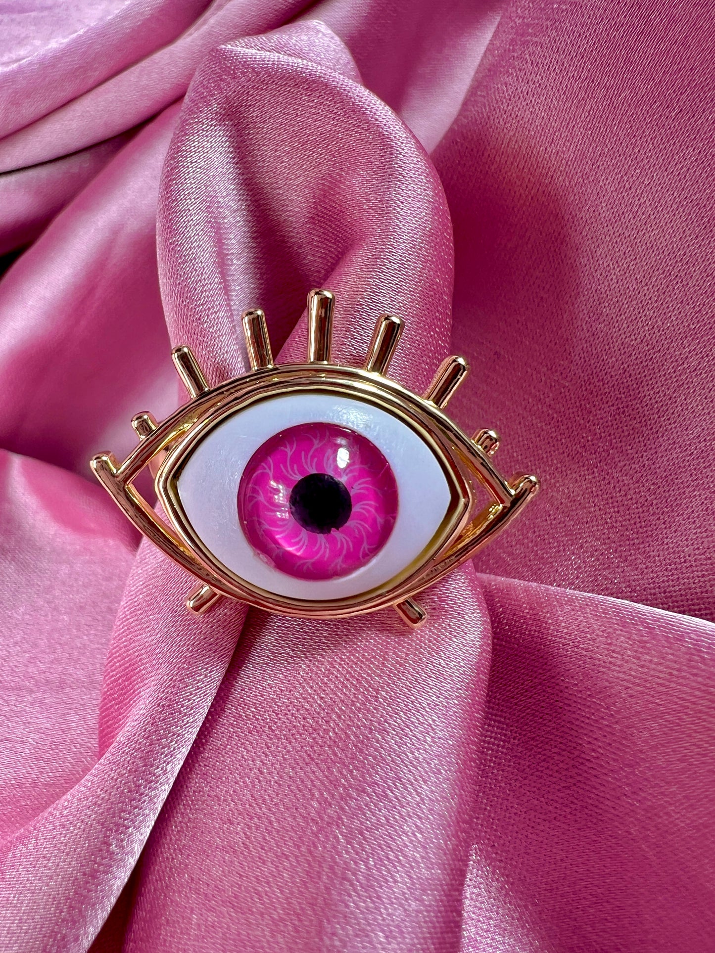Pink evil eye adjustable ring