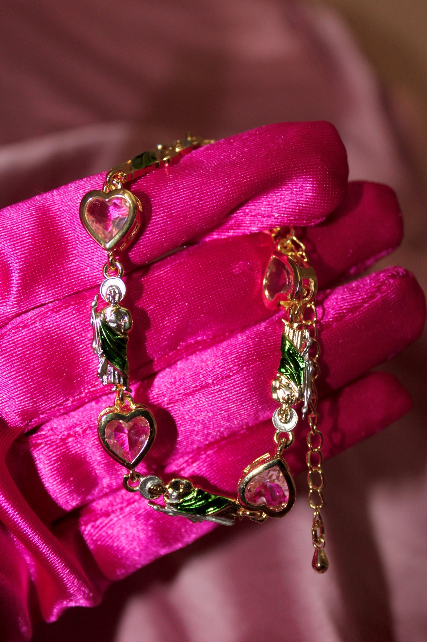 San Judas Bracelet with Pink hearts