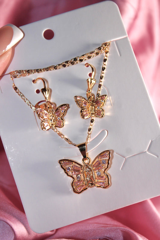 Pink/Purple virgencita earrings & necklace set