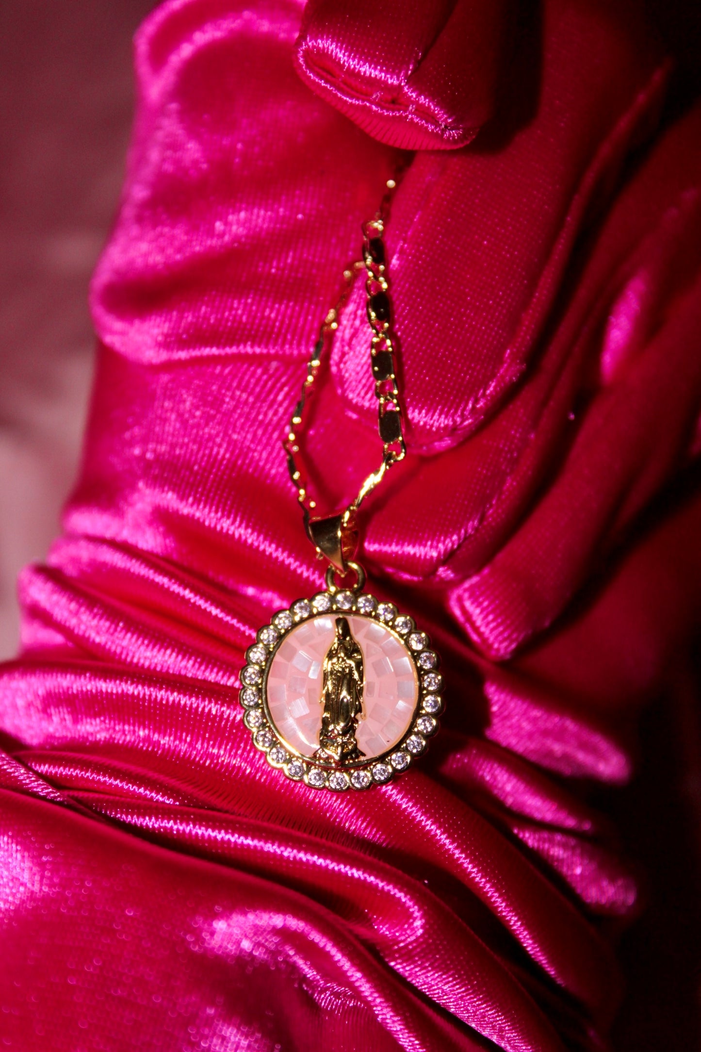 Pink virgencita necklace