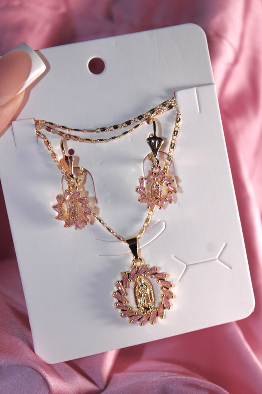 Pink Virgencita Earrings & necklace set
