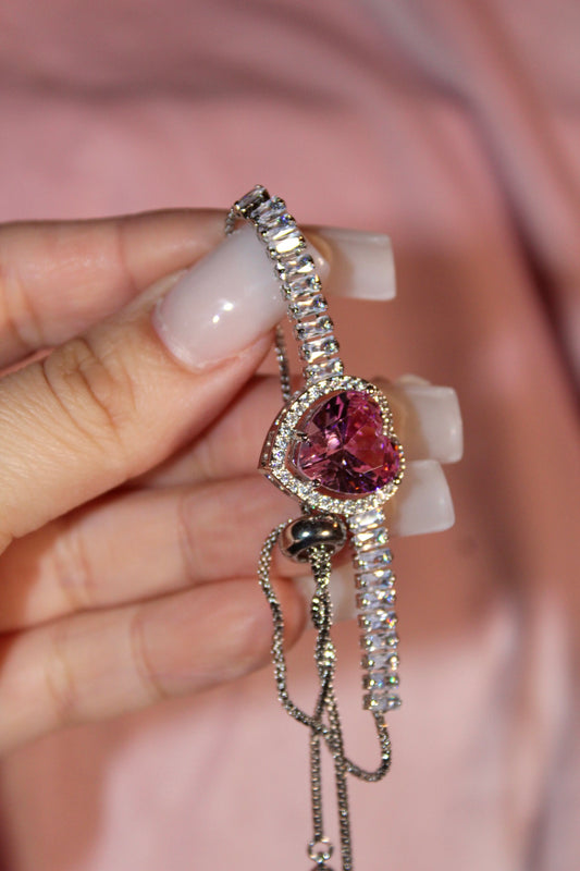 Silver Bracelet with Pink heart Adjustable