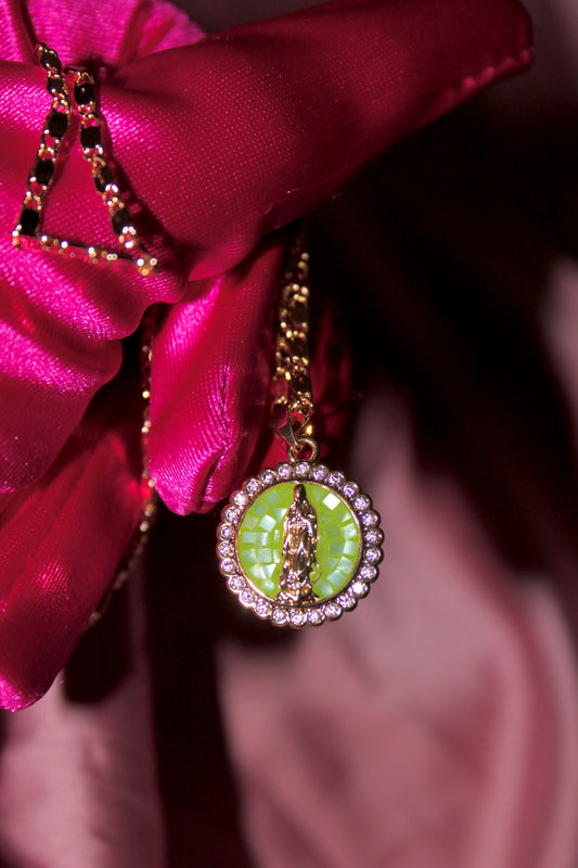 Green/Pink Virgencita necklace
