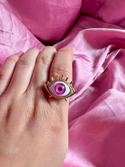 Pink evil eye adjustable ring